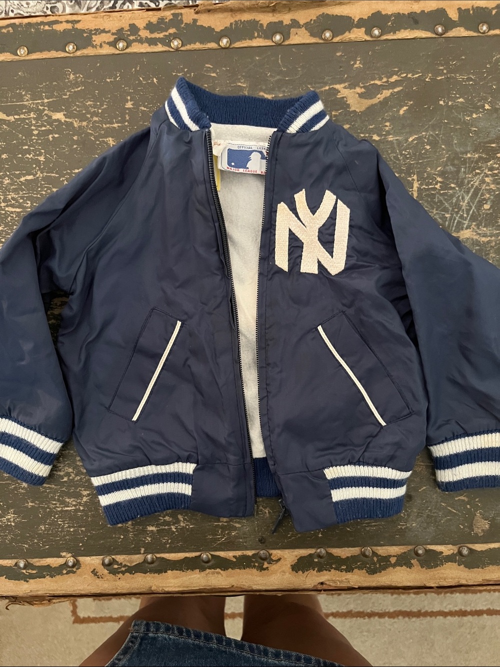Navy Kids' Baseball-Style Jacket with Contrast Stripe Trim
